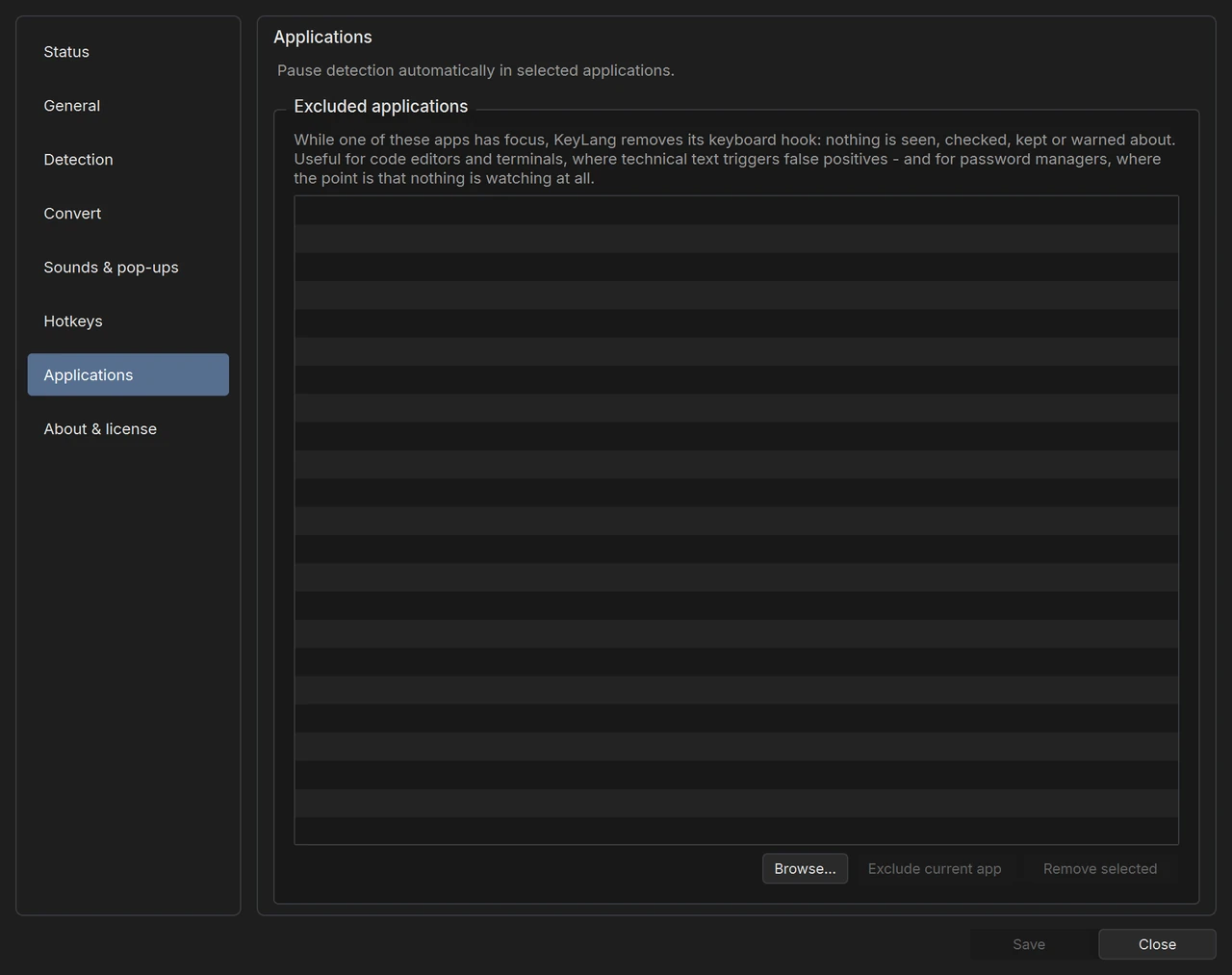 KeyLang Settings, Applications page: the list of applications where detection pauses.