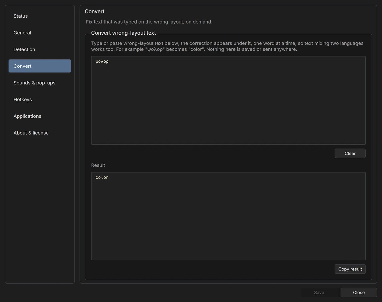 KeyLang Settings, Convert page: the Greek-layout text ψολορ converted to color.