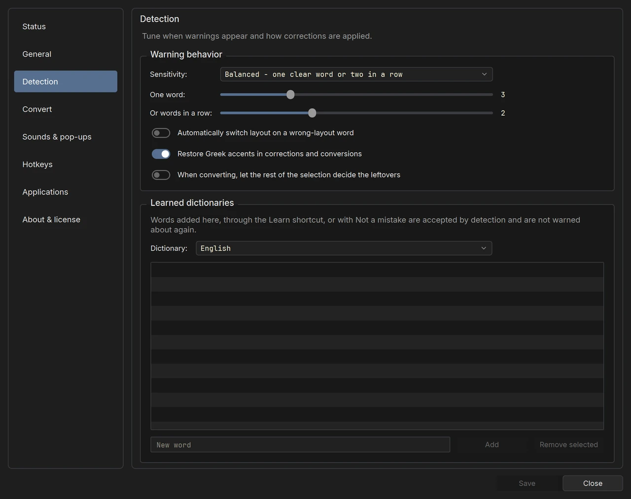 KeyLang Settings, Detection page: sensitivity, automatic switching, Greek accents and the learned dictionaries.