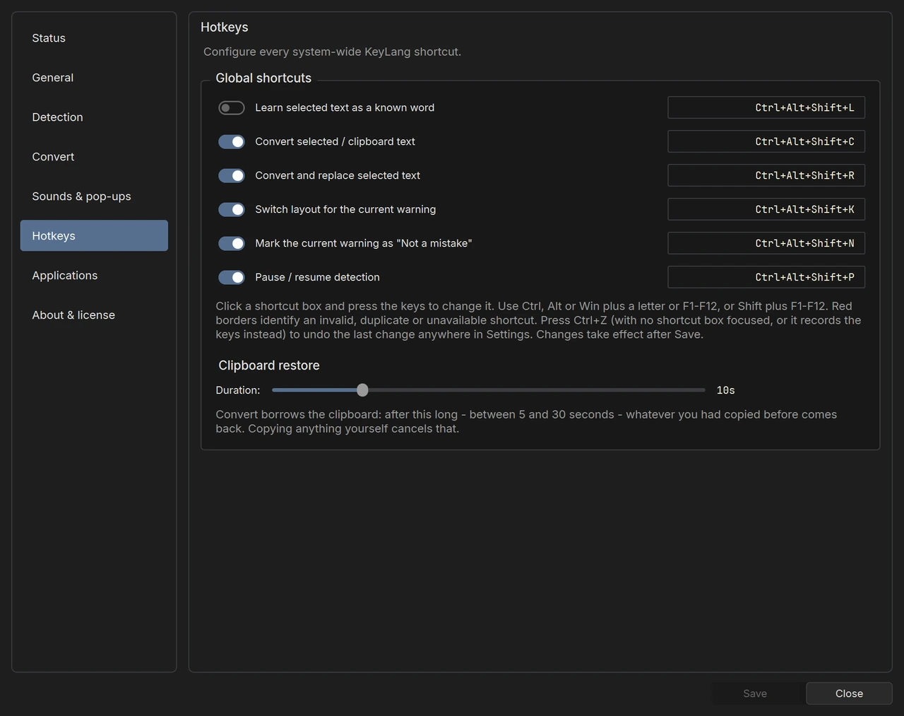 KeyLang Settings, Hotkeys page: six global shortcuts, each with its own switch.